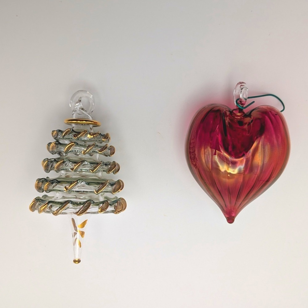 Egyptian Blown Glass Ornament Set Gold Trim Christmas Tree & Cranberry Red Heart